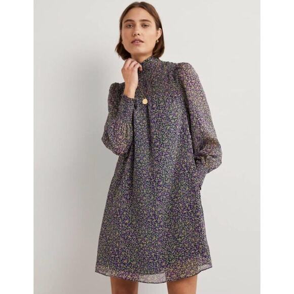 BODEN Smocked Yoke Floral Metallic Tie Waist Long Sleeve Mock Neck Dress 8 - Picture 2 of 16